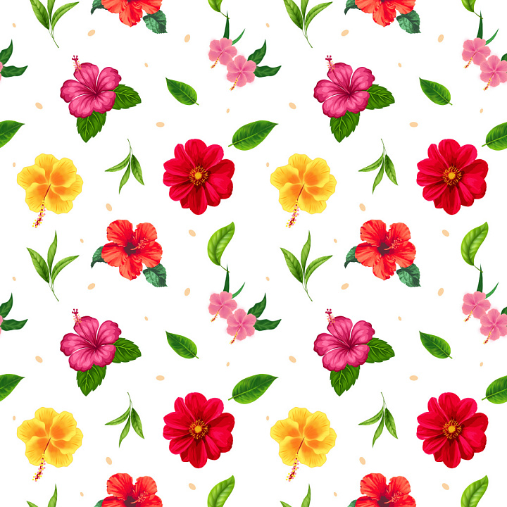 Floral Pattern Featuring Tropical Hibiscus Blossoms and Green Leaves seamless PBR texture preview