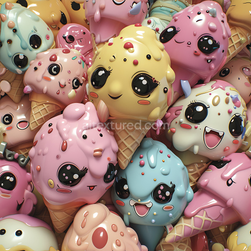 Seamless 3D inflated PBR texture of glossy colorful ice cream cones with expressive faces