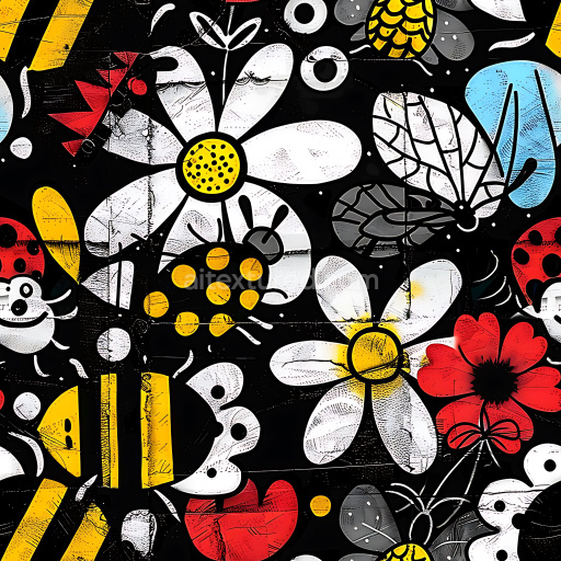 Seamless 3D PBR Graffiti Texture Featuring Colorful Flowers and Cartoon Insects