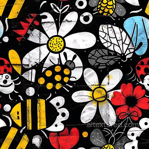 Seamless 3D PBR Graffiti Texture Featuring Colorful Flowers and Cartoon Insects texture preview