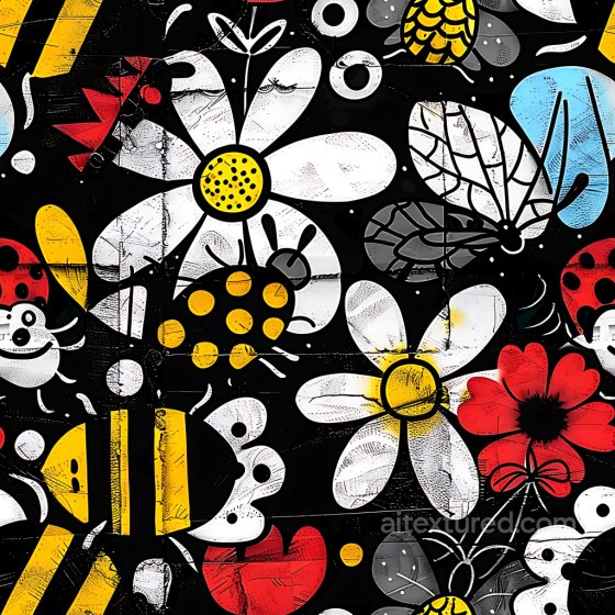 Graffiti Texture Featuring Colorful Flowers and Cartoon Insects Graffiti texture preview