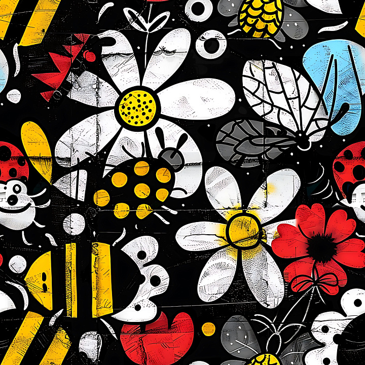 Graffiti Featuring Colorful Flowers and Cartoon Insects seamless PBR texture preview