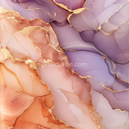 Seamless 3D Alcohol Ink PBR Texture Featuring Gold-Edged Purple and Peach Fluid Swirls