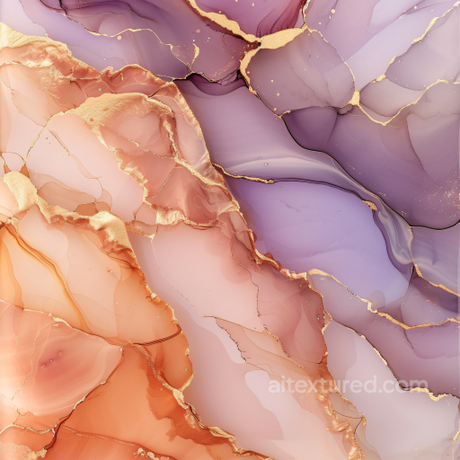 Alcohol Ink PBR Texture Featuring Gold-Edged Purple and Peach Fluid Swirls seamless Alcohol ink PBR texture