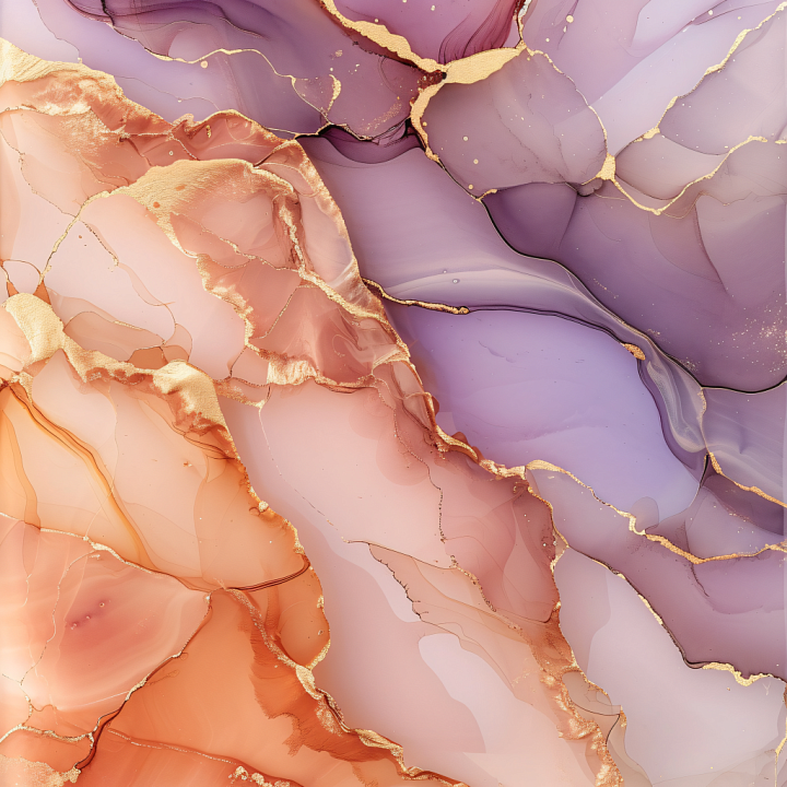 Alcohol Ink Featuring Gold-Edged Purple and Peach Fluid Swirls seamless PBR texture preview