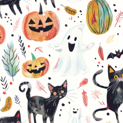 seamless Seamless 3D PBR Watercolor Halloween Fabric Texture with Pumpkins, Ghosts, and Black Cats texture 8k free download PBR