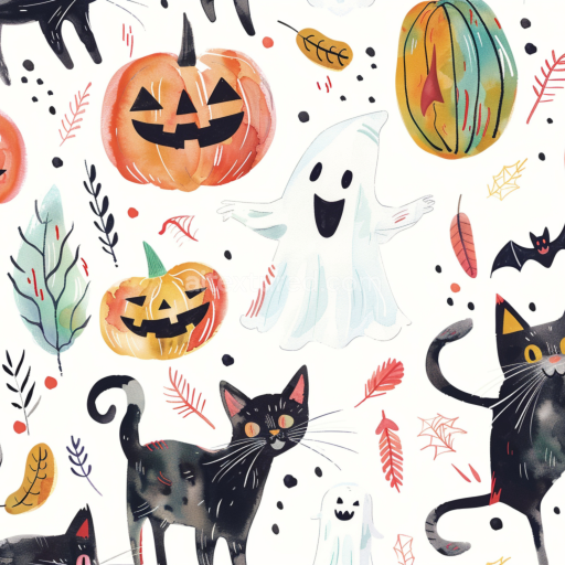 Seamless 3D PBR Watercolor Halloween Fabric Texture with Pumpkins, Ghosts, and Black Cats