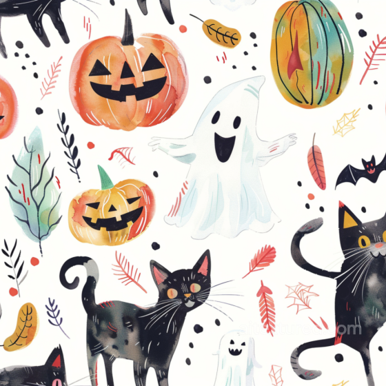 Watercolor Halloween Fabric Texture with Pumpkins, Ghosts, and Black Cats Watercolor Halloween texture preview