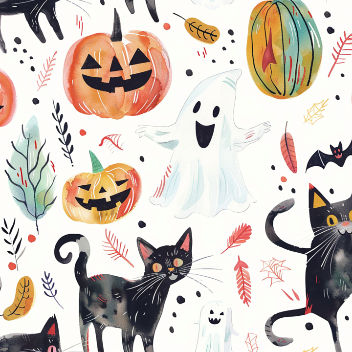 Watercolor Halloween Fabric with Pumpkins, Ghosts, and Black Cats seamless PBR texture preview