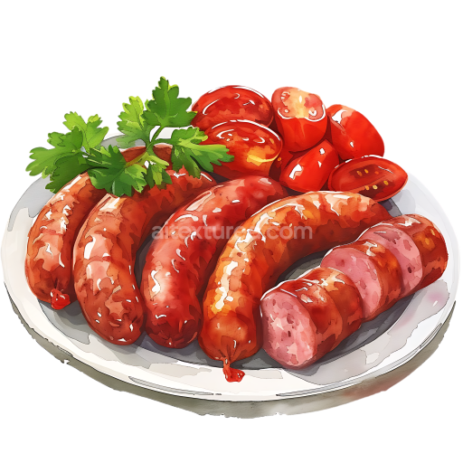 Breakfast Sausage Platter with Cherry Tomatoes and Fresh Parsley Illustration