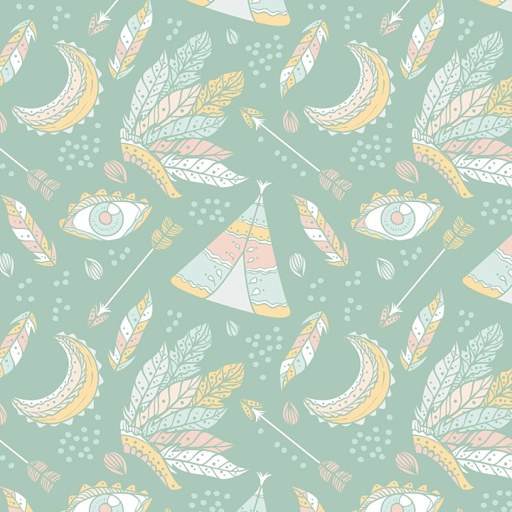 with Soft Boho Feather and Arrow Motifs in Pastel Colors seamless PBR texture preview