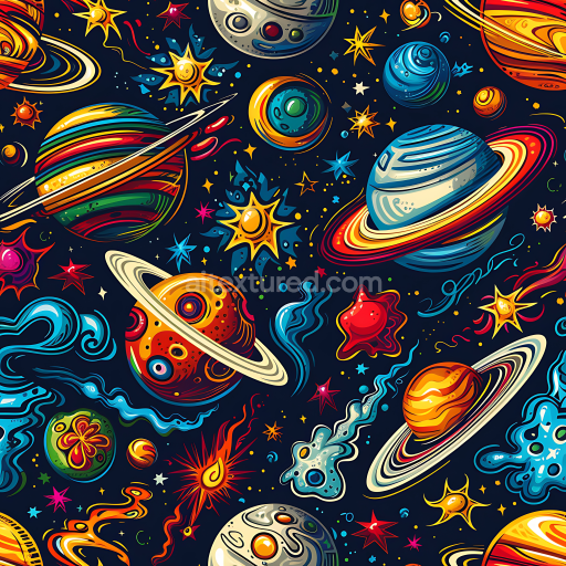 Seamless 3D Cartoon Style Space PBR Texture with Vibrant Planets and Stars