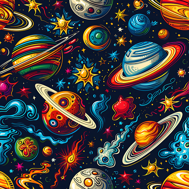 Cartoon Style Space with Vibrant Planets and Stars seamless PBR texture preview