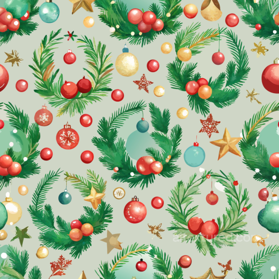 Watercolor Christmas Wreaths and Ornaments Seamless Texture Watercolor Christmas texture preview
