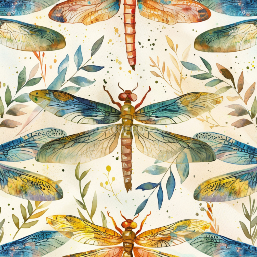 Seamless 3D PBR Texture Featuring Watercolor Dragonfly Illustrations with Leafy Accents