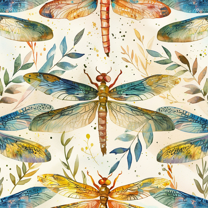 Featuring Watercolor Dragonfly Illustrations with Leafy Accents seamless PBR texture preview