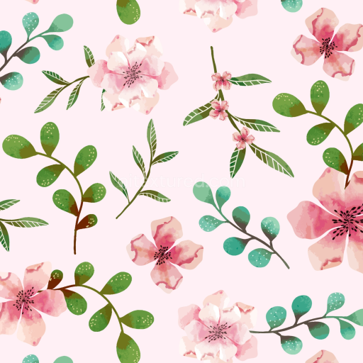 Seamless 3D PBR Watercolor Cherry Floral Fabric Texture with Soft Pink and Green Leaves