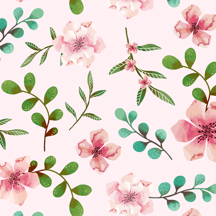 Watercolor Cherry Floral Fabric with Soft Pink and Green Leaves seamless PBR texture preview