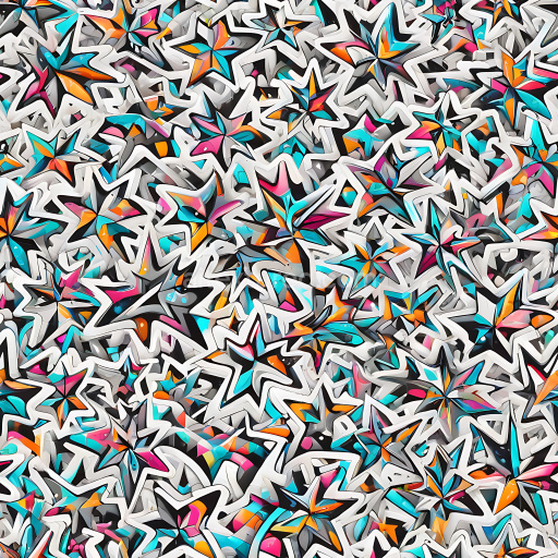 Seamless 3D PBR Texture Featuring Colorful Star-Shaped Graffiti Art with Vibrant Blue, Orange, and Pink Accents