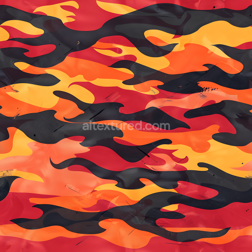 Preview — Seamless 3D Fiery Camouflage PBR Texture Featuring Bold Flame Motifs in Red, Orange, Yellow, and Black