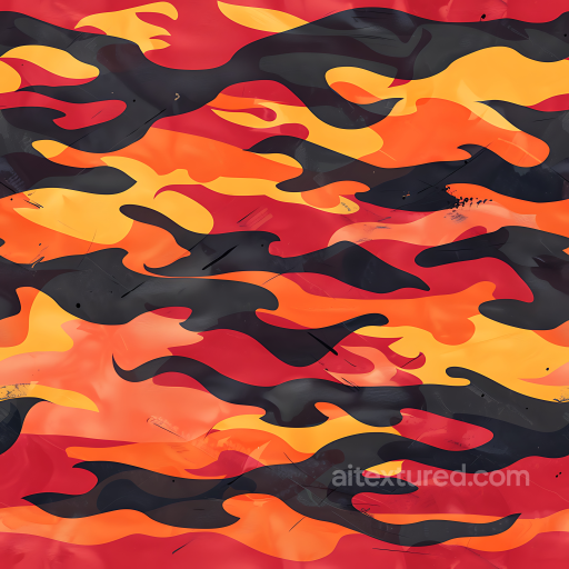 Fiery Camouflage PBR Texture Featuring Bold Flame Motifs in Red, Orange, Yellow, and Black seamless Color Camouflage PBR texture