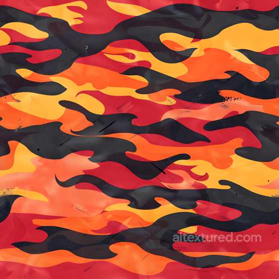 Fiery Camouflage PBR Texture Featuring Bold Flame Motifs in Red, Orange, Yellow, and Black Color Camouflage texture preview