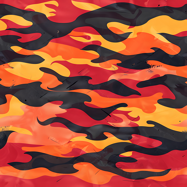 Fiery Camouflage Featuring Bold Flame Motifs in Red, Orange, Yellow, an… seamless PBR texture preview