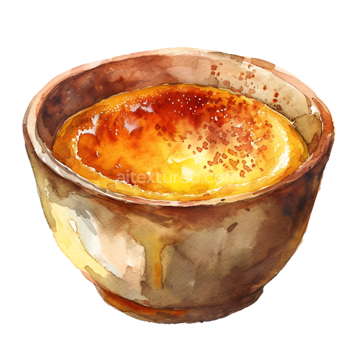 Watercolor Creme Brulee Breakfast Dessert Illustration in Rustic Bowl