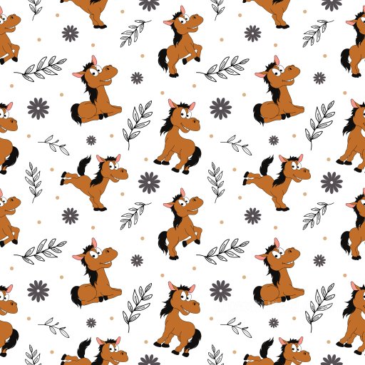 Pattern PBR Texture with Playful Cartoon Horses and Botanical Motifs seamless Pattern Bundle PBR texture