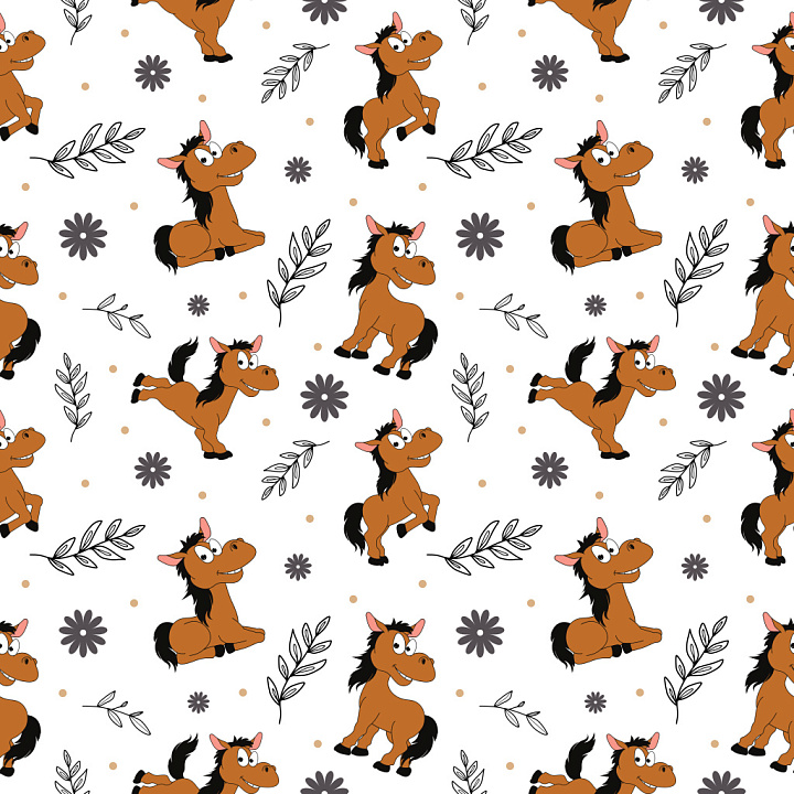Pattern with Playful Cartoon Horses and Botanical Motifs seamless PBR texture preview