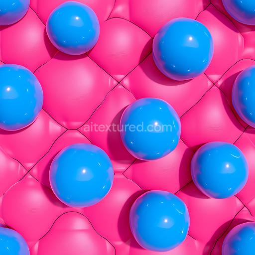 Seamless 3D Inflated Vinyl PBR Texture Featuring Pink Quilted Base with Glossy Blue Spheres