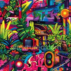seamless Seamless 3D PBR Texture of Vivid Cartoon-Style Urban Graffiti with Lush Plants and Abstract Shapes texture 8k free download PBR