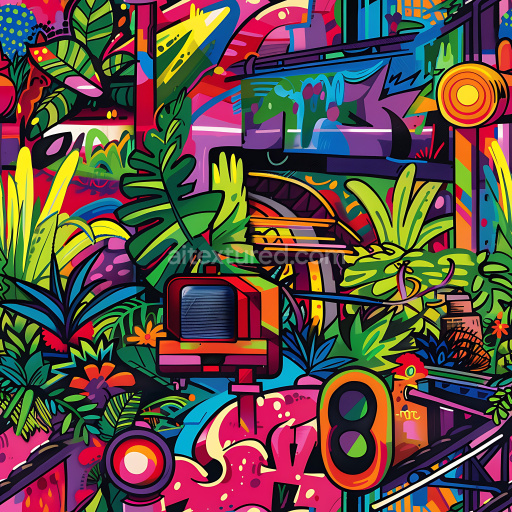 Seamless 3D PBR Texture of Vivid Cartoon-Style Urban Graffiti with Lush Plants and Abstract Shapes