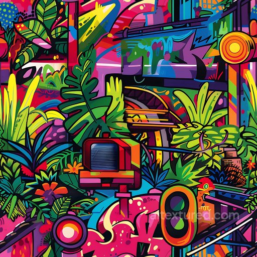 Seamless 3D PBR Texture of Vivid Cartoon-Style Urban Graffiti with Lush Plants and Abstra… texture preview