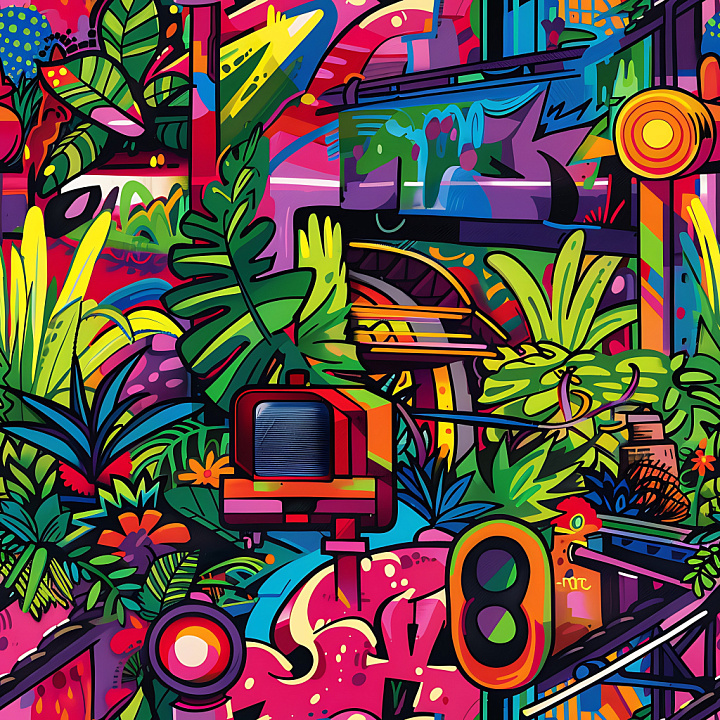 Vivid Cartoon-Style Urban Graffiti with Lush Plants and Abstract Shapes seamless PBR texture preview