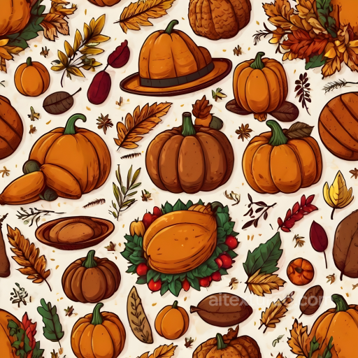 Thanksgiving Texture of Cartoon Pumpkins with Autumn Leaves Pattern seamless Thanksgiving PBR texture