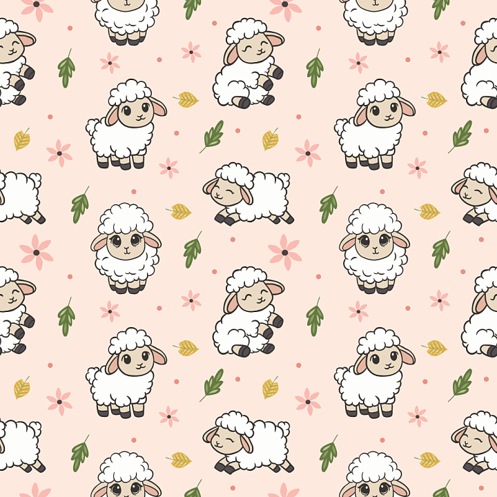 Pattern Featuring Adorable Sheep and Floral Elements seamless PBR texture preview