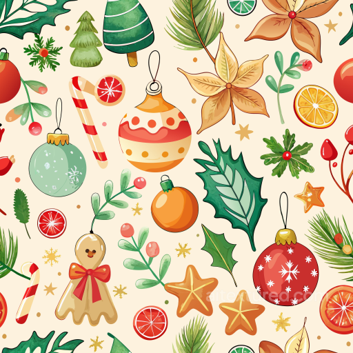 Christmas Watercolor Texture with Festive Ornaments and Foliage seamless Christmas Watercolor PBR texture