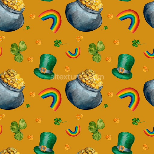 Seamless 3D PBR Texture with St Patrick Hats, Rainbows & Gold Pots