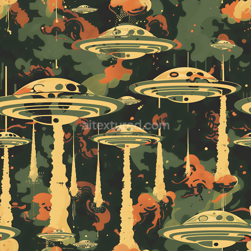 Seamless 3D Stylized Sci-Fi UFO Pattern Camouflage PBR Texture with Retro Space Colors