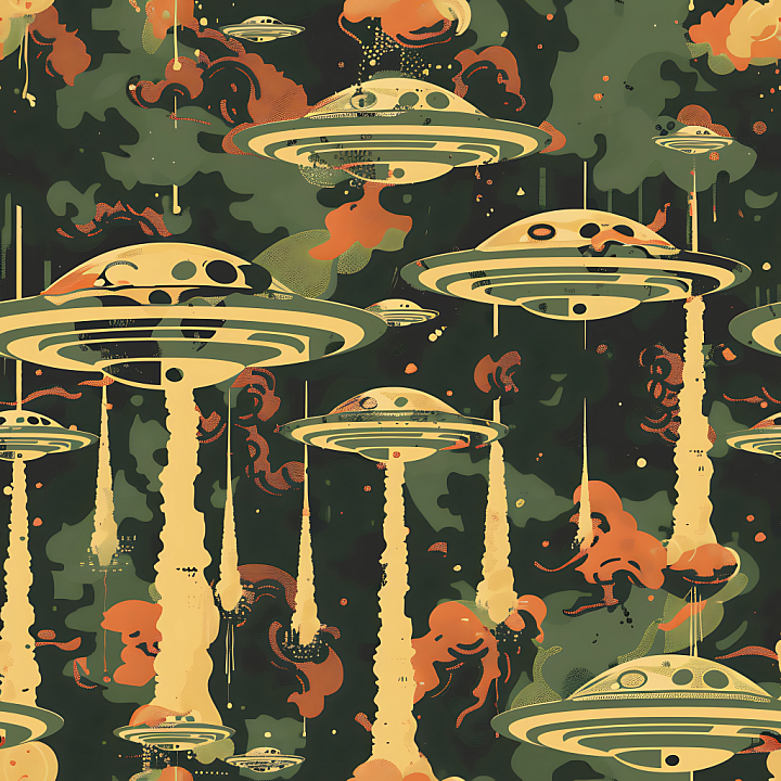 Stylized Sci-Fi UFO Pattern Camouflage with Retro Space Colors seamless PBR texture preview