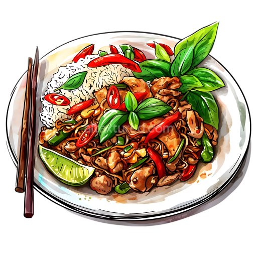 Thai Pad Krapow Moo Saap Breakfast Plate Illustration with Basil and Chili