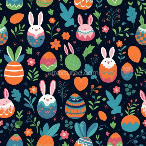 Seamless 3D PBR Texture with Colorful Easter Eggs and Bunny Motifs on Dark Background
