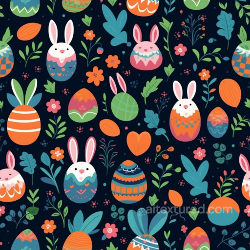 with Colorful Easter Eggs and Bunny Motifs on Dark Background seamless All Easter Digital paper PBR texture