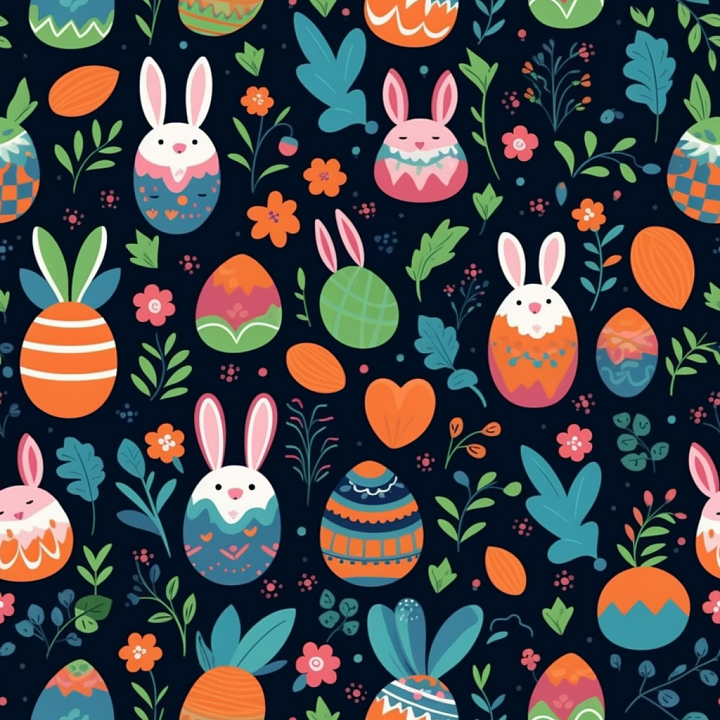 with Colorful Easter Eggs and Bunny Motifs on Dark Background seamless PBR texture preview