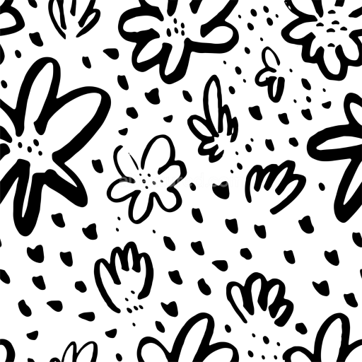 Seamless 3D PBR Texture with Black Hand-drawn Floral Pattern on White Background