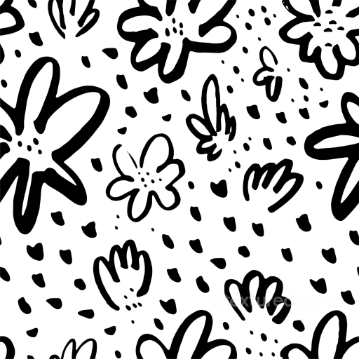 with Black Hand-drawn Floral Pattern on White Background seamless White & Black PBR texture