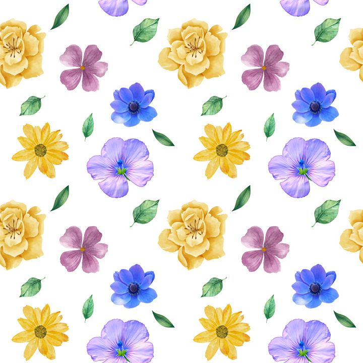 Pattern with Watercolor Floral Motifs and Leaves seamless PBR texture preview