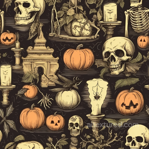 Seamless Vintage Halloween 3D PBR Texture with Skulls, Pumpkins & Candles seamless Vintage Halloween PBR texture