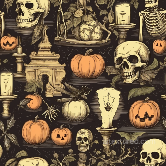 Seamless Vintage Halloween 3D PBR Texture with Skulls, Pumpkins & Candles Vintage Halloween texture preview